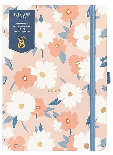 Busy B - Busy Life Terminkalender von Januar bis Dezember 2024 - Pink Blumen - A5 Wochenplaner mit doppeltem Terminplaner, Stifthalter und Steckfächern