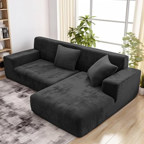 wiipara Dicker Samt Sofabezug L Form, Stretch Couch Überzug Universal Sofa Cover, Super Weich Plüsch Sofa Überzug Luxus Couchbezug(L-Form Ecksofa erfordert Zwei)- Sofabezug 2 Sitzer, Schwarz