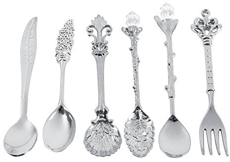 Ezweiji Juego de 6 cucharas vintage y tenedores, juego de vajilla familiar retro estilo real, color dorado y plateado, antiguo, metal, juego de cubiertos para café, postre, cucharilla de té (plata)
