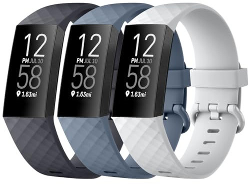 Tobfit 3 piezas para Fitbit Charge 3 pulsera de silicona deportiva suave ajustable para Fitbit Charge 4 pulsera/Fitbit Charge 4 SE/Charge 3 SE (S,Midnight/azul/gris)