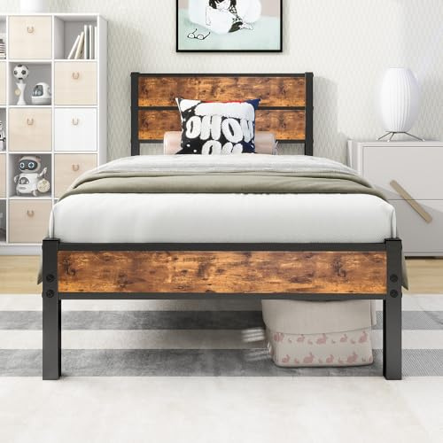 Diahomy Single Bed Frames with Wood Headboard,Metal Bed Frame Solid Bedstead Base/No Box Spring Needed/Mattress Base/Metal Slat Support/Underbed Storage Space