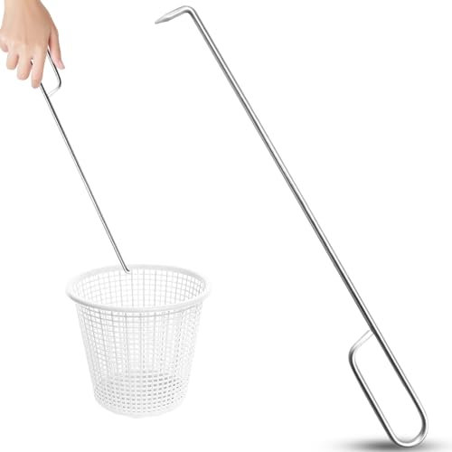 Pool Skimmer Basket Tool crochet d'écumoire, skimmer piscine, skimmer piscine hors sol, Outil crochet pour panier d'écumoire piscine acier inoxydable protection étendue genou poignée panier crochet