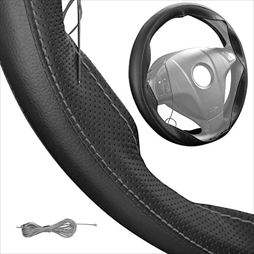 Lenkradbezug Pu Leder, Auto Lenkradhülle zum schnüren Nähen mit Nadel und Faden Spezial Sport Design M3 Schwarz Graues Naht Universalgrösse 37-38 cm