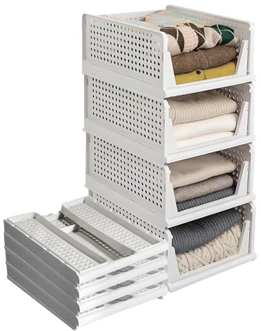 Anttyscar Set of 4 Wardrobe Storage Organization Stackable Drawer Organizer Storage Boxes for Shelves, Easy Pull Out Drawer Dividers for Closet, Cabinet, Pantry, Laundry Study Room (M)