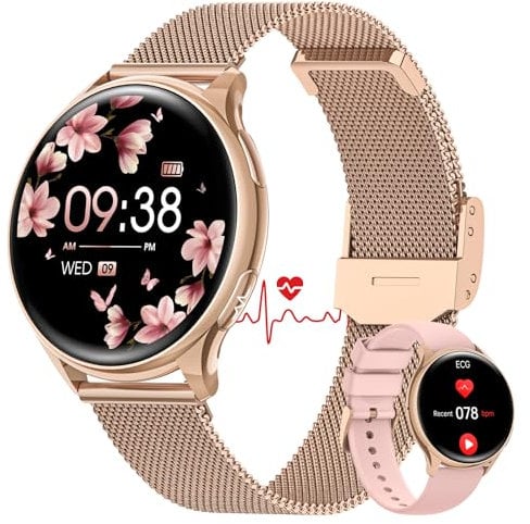 AIMIUVEI Montre Connectée Femme avec Appel Bluetooth 5.3, 1.27 HD Smartwatch avec ECG+HRV, 150+ Sport, Santé Au Féminin, 24H Fréquence Cardiaque Sommeil SpO2, Podometre IP68 pour Android iOS Or Rose