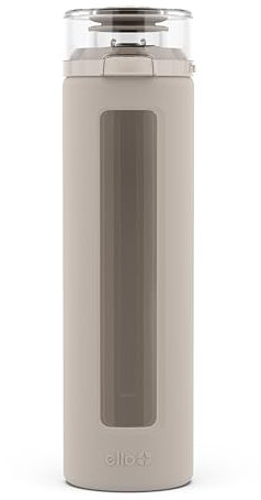 Ello Syndicate 20oz Reusable Glass Water Bottle with One-Touch Leak Proof Flip Lid, Protective Non-Slip Silicone Sleeve, Carry Loop for Coffee, Tea and Water, BPA-free, Dishwasher Safe, Sand