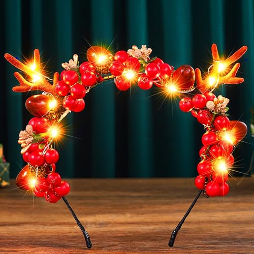 Fashband Bandeaux de Noël lumineux - Baies - Accessoires pour cheveux - Motif bois de renne - Pour femme