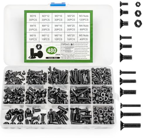 480 Stk Schrauben und Muttern Sortiment Kit, M3 M4 M5 Innensechskant Schrauben Muttern Set, Flachkopf Schrauben Muttern, mit 3 Stk Schraubenschlüssel (480)