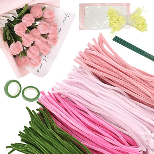 Scienraise 400 Stück Rosa Tulip Pfeifenreiniger Blumen Set für Basteln Projekte, Pipe Cleaners for Crafting Flowers, mit Pfeifenputzer, Blumentasche, Staubgefäße, Blumenstiel, Klebeband(Rose)