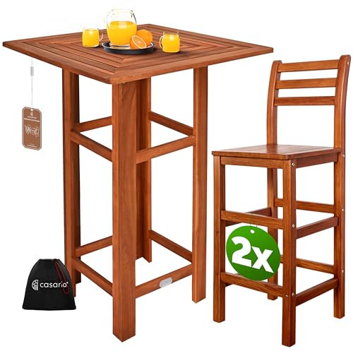 Casaria® Bartisch mit Barhocker Set Outdoor Indoor Holz Akazie 110x75x75cm Wetterfest Rustikal Massiv Garten Balkon Terrasse Möbel Stehtisch 2X Barhocker mit Lehne