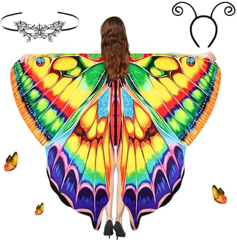 Aomig Ailes de Papillon Adulte Cape, 168 * 130cm Déguisement Papillon Adulte en Polyester Cape Papillon Ailes, Costume Papillon Adulte pour Femme Halloween Noël Cosplay Fête Déco Cadeau