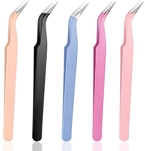 HJZHII 5 Stück Pinzette Set, Edelstahl Wimpern Pinzette Tweezers | Gebogene Spitze Pinzette Zange Wimpernpinzette Pinzette Basteln Präzisions Pinzette für Nageldesign Wimpern