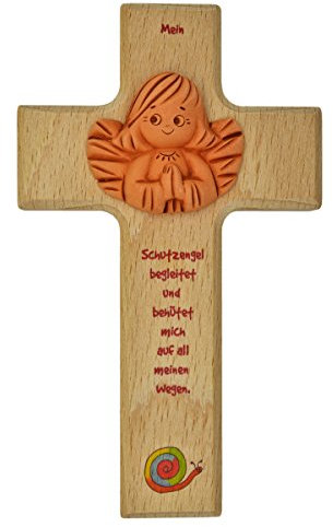 Junker Kirchenbedarf Holzkreuz Kinderkreuz Schutzengel - Wandkreuz aus Holz mit niedlichem Ton-Engel, Natur, 15x9cm