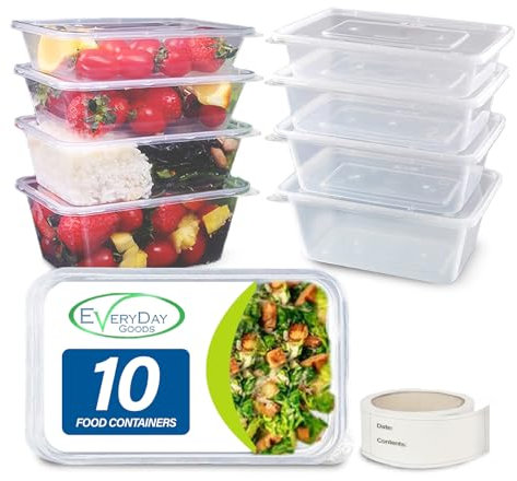 EveryDay Goods 10-Pack 1000ml Food Storage Containers with Lids – Ideal for Meal Prep, Takeaway & Freezer Storage – Includes 10 Waterproof Freezer Labels