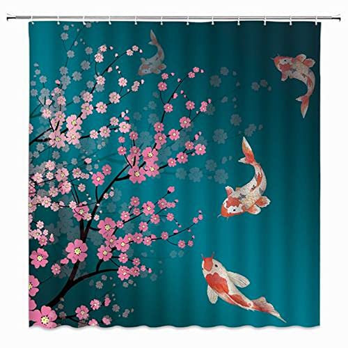 jingjiji Rideau de douche japonais en fleurs de cerisier asiatique, chinois, oriental, aquarelle, bleu sarcelle, branche de fleurs, poisson, carpe, fleurs printanières, peinture à l'encre