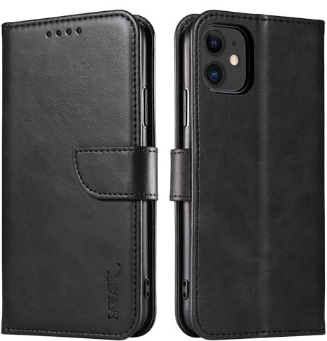 LOLFZ Wallet Case for iPhone 11, Vintage Leather Book Case with Card Holder Kickstand Magnetic Closure Flip Case Cover for iPhone 11 - Black