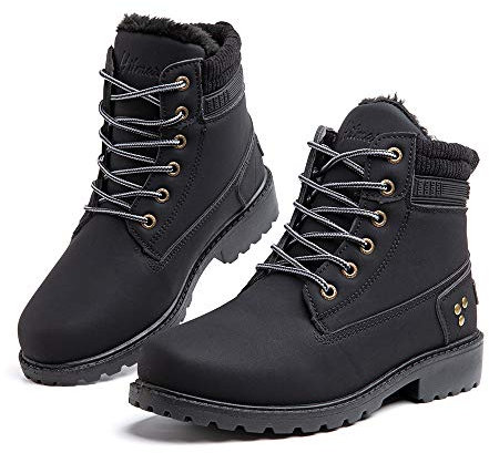 Hitmars Stivali Invernali Donna Bassi Caldi Foderato di Pelliccia Scarpe da Inverno PU Vamp Stivaletti da Neve Stringate Piatto 3.2 CM 3 Nero Taglia 36 EU