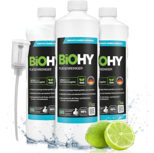 BiOHY Fliesenreiniger extra stark Feinsteinzeug Konzentrat (3 x 1 Liter) | Bodenreiniger für Bad, Küche, Fugen und Außenbereich, streifenfrei – auch für Waschsauger und Reinigungsautomaten