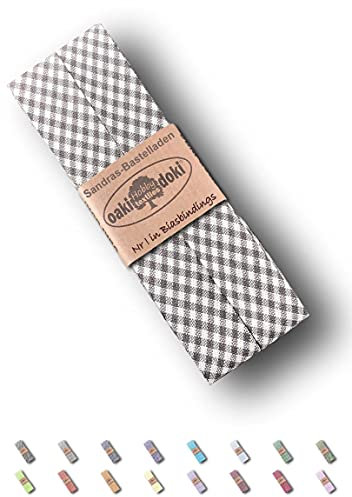 Sandras-Bastelladen Schrägband/Einfassband Baumwolle gefalzt 3m x 20mm - Vichy/Karo Muster 5002-Grau-Weiß