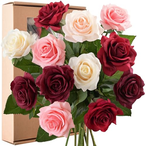 FiveSeasonStuff 12 Stem Real Touch Mix Roses Artificial Flowers Arrangement for Gift Home Wedding Bridal (Rustic Pinks)