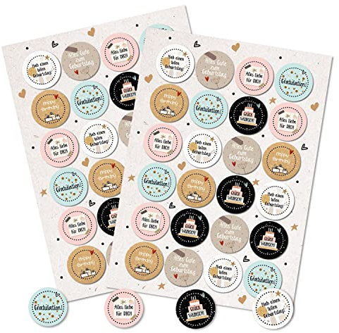 Spruchaufkleber Glückwünsche, 48er Set: Runde Sticker Geburtstag, Aufkleber Rund, Spruch Geschenke, Geschenkaufkleber Happy Birthday, Sprüche zum Aufkleben, Give-Away Freundschaft, Klein, ⌀ 4 cm