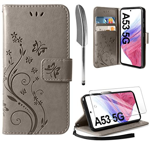 AROYI Lederhülle Kompatibel mit Samsung Galaxy A53 5G Hülle und Schutzfolie, Flip Wallet Handyhülle PU Leder Tasche Case Kartensteckplätzen Schutzhülle Grau