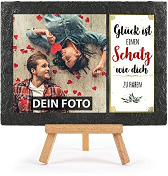 Schieferplatte selbst gestalten - mit Foto bedrucken - Glück ist einen Schatz wie dich zu haben - Geschenk Valentinstag, Jahrestag, Hochzeit, Geburtstag, Schiefertafel mit Staffelei, 15 x 20 cm