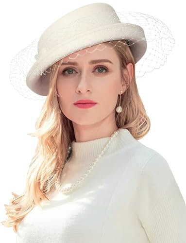 ELLYDOOR Fascinator aus Wolle, Winter, Wollfilz, Pillbox-Hut für Damen, Hochzeit, Kirchenhut, Schleier, Schleife, Fedoras, 2022 Elfenbein, Einheitsgröße