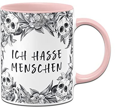 Tassenbrennerei Totenkopf Tasse - Ich hasse Menschen - Kaffeetasse lustig mit Spruch und Totenkopfmotiv - Skull Statement (Rosa)