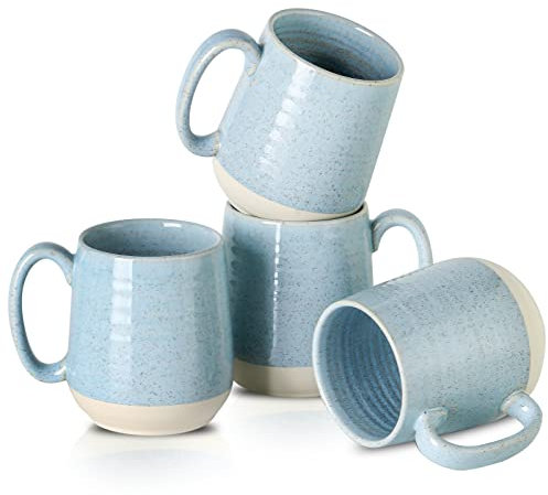 Hasense 15 Ounce Porcelain Coffee Mugs Set of 4 with Large Handle Perfect for Coffee, Tea, Milk, Chocolate and Latte, Unqiue Glaze Ceramic Coffee Cups Set for Man and Woman, Sky Blue
