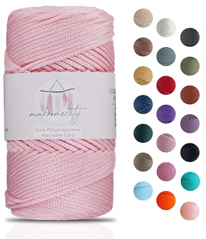 Makromecity, polyester macrame cord 2mm x 125m (115m) 2mm polypropylene pink macrame cord crochet macrame bag cord craft for wall hangings, bags, underplate, carpet
