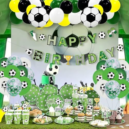 Decoración de Cumpleaños de Niños, Kit de Decoración de Cumpleaños de Fútbol, Cumpleaños de Fútbol, Incluye globos, banderola, mantel, plato de papel, servilleta de papel.