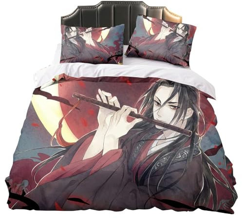 Puruuige Mo Dao Zu Shi Bettbezug-Set für Kinder und Erwachsene, 3D-Druck, Wei Wu Xian/Lan Wang Ji Bettwäsche-Set, Mikrofaser-Polyester, Anime-Stil, Bettdeckenbezug mit 2 Kissenbezügen, Reißverschluss,