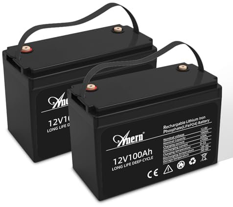 Anern Batteria Litio 12V 100Ah, Batteria Lifepo4 1280Wh con BMS 100A Fino a 15000 Cicli perfetto per il campeggio, l'accumulo di energia domestica solare, RV, Off-Grid(Confezione da 2))