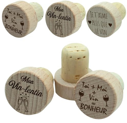 Ernestine - Lot 3 Bouchons Saint-Valentin - Cadeau Couple pour Saint-Valentin - Cadeau Homme Cadeau Femme Amour et Couple - Bouchon personnalisé - idée Cadeau Saint-Valentin - Bouchon vin Bouteille
