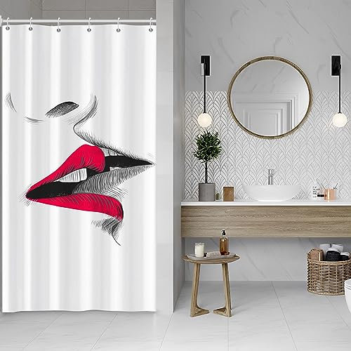 ASDCXZ Rideau de douche étroit, 120 x 200 cm, moderne, esquisse, sexy, lèvre rouge, bisou, blanc, lavable, étroit, avec œillets, textile polyester, imperméable, pour baignoire, avec 8 crochets