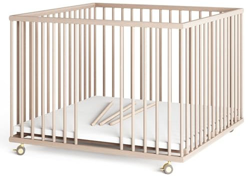 Sämann Laufstall Baby mit 3 Schlupfsprossen | TÜV geprüft | stufenlos höhenverstellbar | Laufgitter Premium | Babybett aus Holz | Krabbelgitter (natur, 100x100 cm)