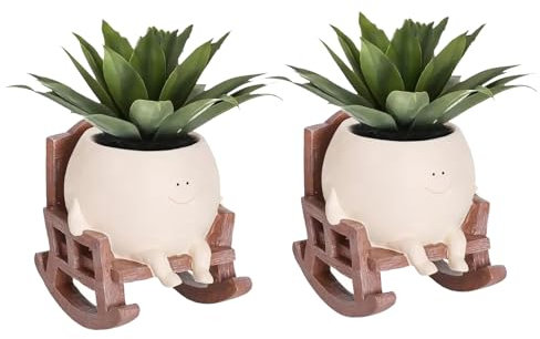 Mnaocz 2 x Blumentopf mit Smiley-Gesicht, lustiger Kunstharz, Schaukelstuhl, Sukkulenten-Blumentopf mit Ablaufloch, einzigartige Blumentöpfe für Innen- und Außenbereiche