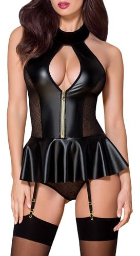 Satohom Sexy Mesh-Spleißen aus Lederkleid Damen Große Größen Wetlook Korsett Dessous Set Babydoll Rückenfrei Kunstleder Reizwäsche Minikleid Negligee Unterwäsche Rock Partykleid Clubwear