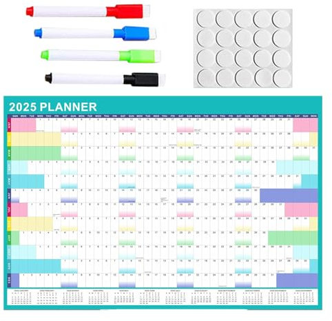 Nankoyal Löschbarer Wandkalender 2025, Englisch, abwischbarer Wandkalender, Planer, farbenfrohes Design, Jahresplaner für Zuhause, Klassenzimmer und Arbeitsbereich