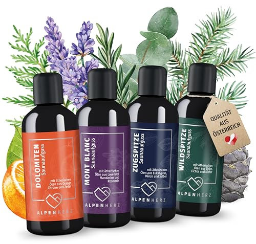 ALPENHERZ Saunaaufguss Set - 100% naturrein 4x 100ml mit ätherische Öle aus Lavendelöl, Eukalyptusöl, Zirbenöl & Minze Saunadüfte Aufgussmittel Saunaöl Sauna Zubehör Saunaduft Aufguss Geschenkset
