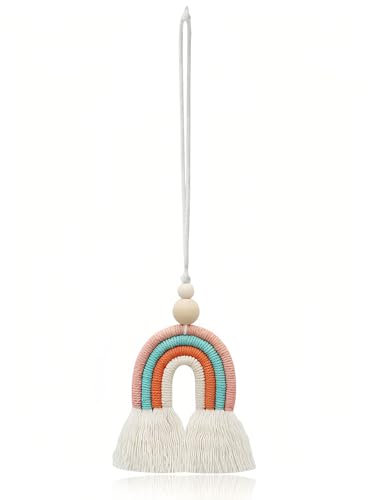 KGDUYC 1 Stücke handgewebte wanddeko Regenbogen,Kinderzimmer Regenbogen Makramee Wanddeko,Regenbogen Wandbehang Anhänger,mit Zwei Holzperlen,Autorückspiegel, Zuhause, Kinderzimmer Wand Dekoration