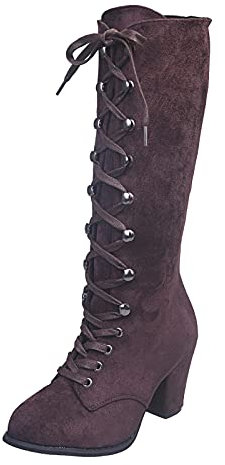 Dasongff Stivale da equitazione da donna, tacco a blocco alto, stivali alti con lacci, punta rotonda, gotico, steampunk, stivali lunghi, chic, alla moda, stivali, tacchi gossi, cocktail, sera, stivali