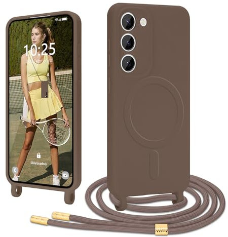Ethanger Coque Magnétique pour Samsung Galaxy S23 avec Cordon de Collier Réglable Housse de Protection Compatible avec MagSafe en Silicone TPU Etui Case Ultra Fine pour Samsung Galaxy S23 Marron
