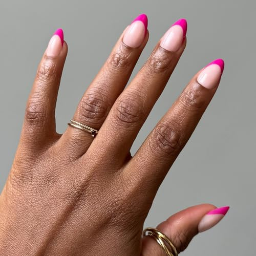Glamnetic Press On Nails - Raspberry Sorbet | Semi-Transparent Dark Pink Magenta French Tip Short Almond Fake Nails in a Glossy Finish, Reusable | 15 Sizes - 30 Nail Kit