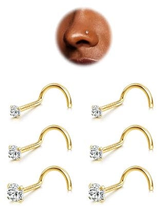 BodyBonita 6pcs Nose Studs - 316L Surgical Steel Corkscrew Nose Rings 20G Nose Piercing Stud 1.5mm 2mm 3mm CZ Gold Screw Nose Rings Studs Nostril Piercing Jewellery for Women Men