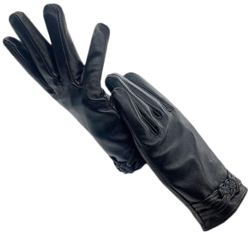 Damen Winter Lederhandschuhe Sport Fahren Seide Gefüttert Schaffell Thermohandschuhe Schwarz 7,5