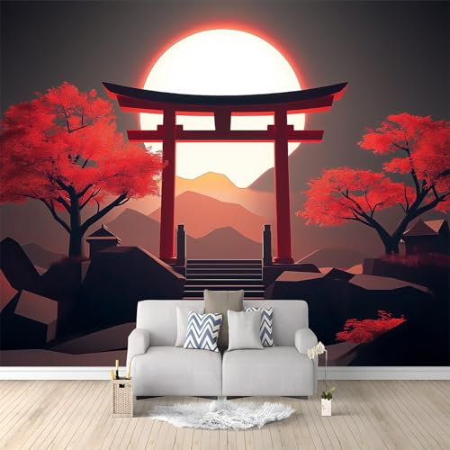 Arbre Rouge De Style Japonais Papier peint intissé Gris 200x140 cm Tissu non tissé Tableaux Muraux Tapisserie Photo Décoration Murale Salon Chambre