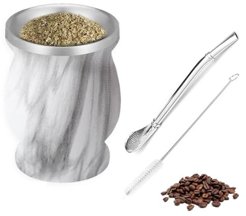 Juego de Taza de Calabaza de Acero Inoxidable,Taza Mate de Acero Inoxidable con Doble Pared Aislante, 260ml Juego de Té Mate, con Cuchara para Pajita y Cepillo de Limpieza