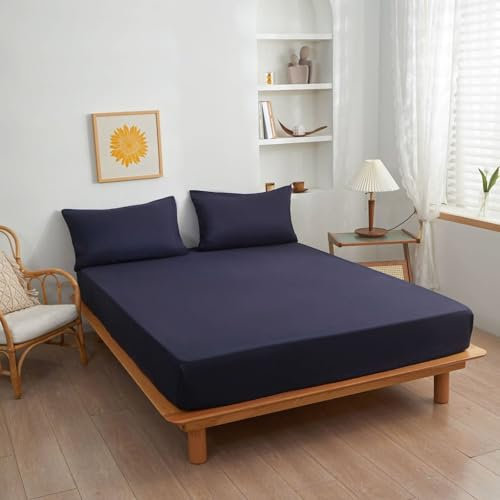 Epinki Betttuch 90x200cm Dünn, Spannbettlaken Wasserbett Einfarbig Marineblau Faltenresistent und Ausbleichen, Baumwolle Tagesdecken für alle Jahreszeiten